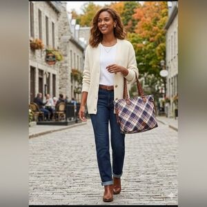 St. John's Bay Plaid Tote in Blue, Pink & White with Brown Braided Handles